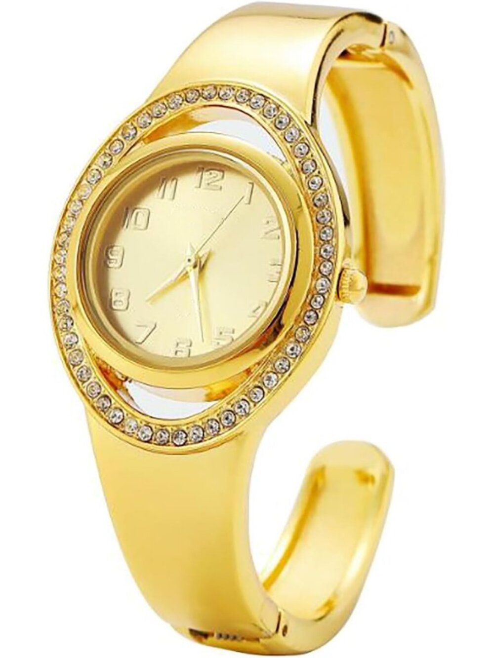 Women's Gold Easy Read Arabic Numerals Quartz Rhinestone Bezel Open Wrist Watch